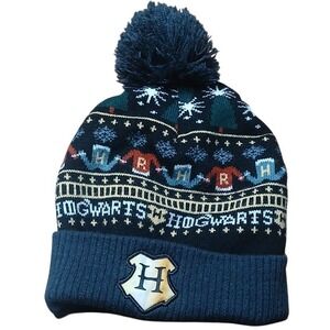 Harry Potter Wizarding World Kids Hogwarts Fair Isle Knit Beanie Pom Hat Blue